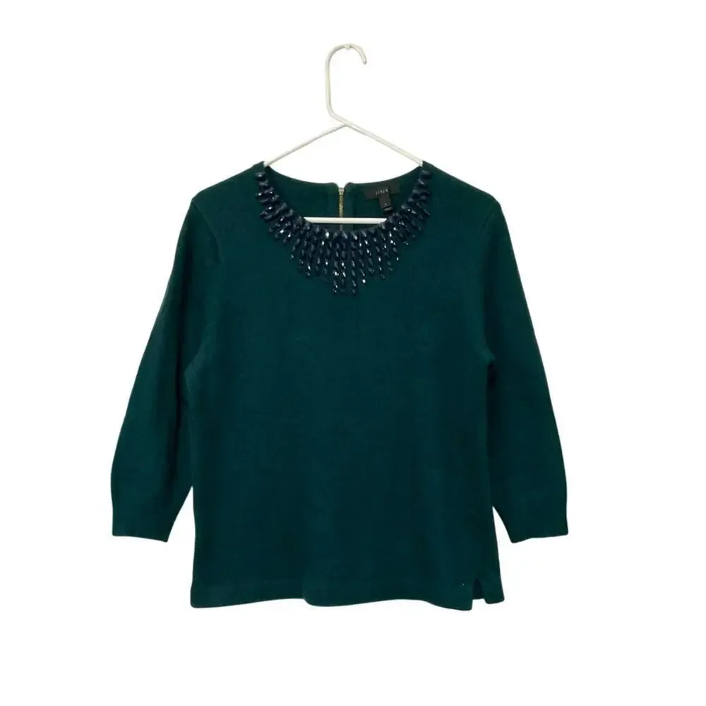 J. Crew Green Wool/Rabbit Hair Blend Sweater Jeweled Neckline Size Large Womens